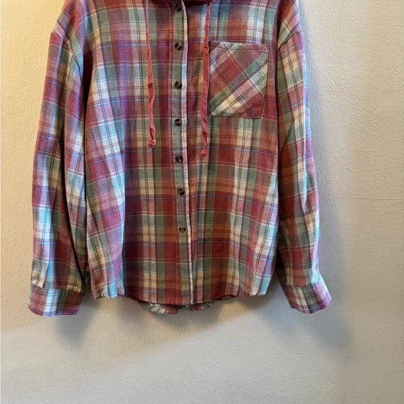 EUC Plaid Hooded Button-Up Shirt Jacket in Rust & Mint XL - Picture 2 of 10